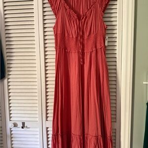 Smocked Waist V-Neck Maxi Dress in Coral